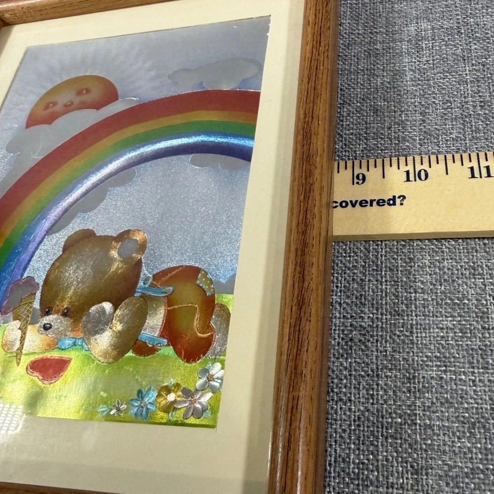 VTG DUFEX FOIL Art Framed Picture Teddy Bear Rainbow Sun Nursery Kid Decor 8x10